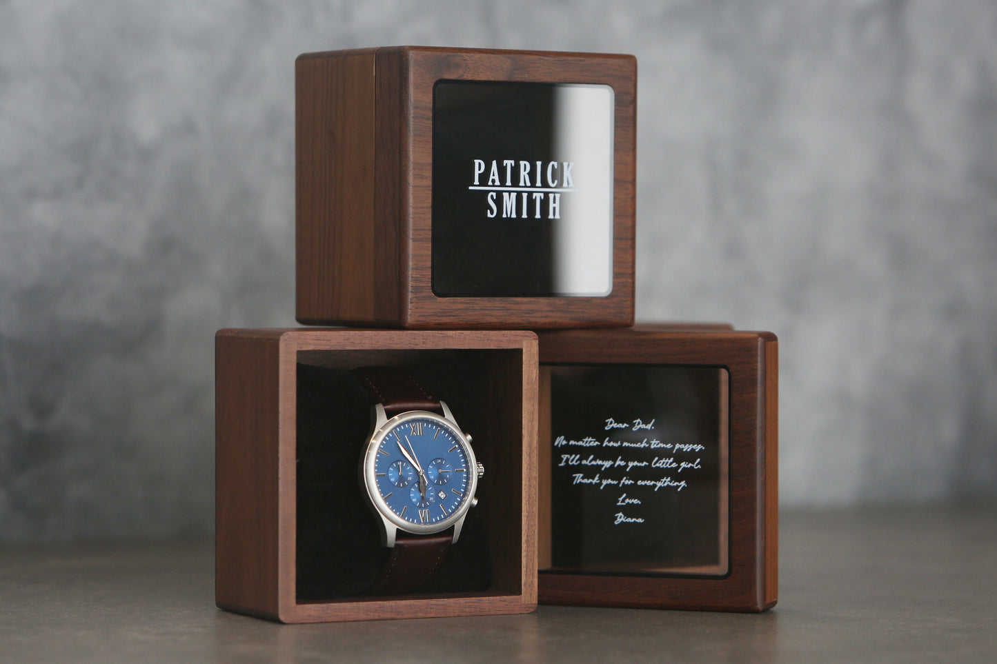 Metal Watch & Glass Top Walnut Gift Box - Mens 5th Anniversary Gift for Husband, Wedding Day Gift for Him Boyfriend Dad Son Brother Best Man