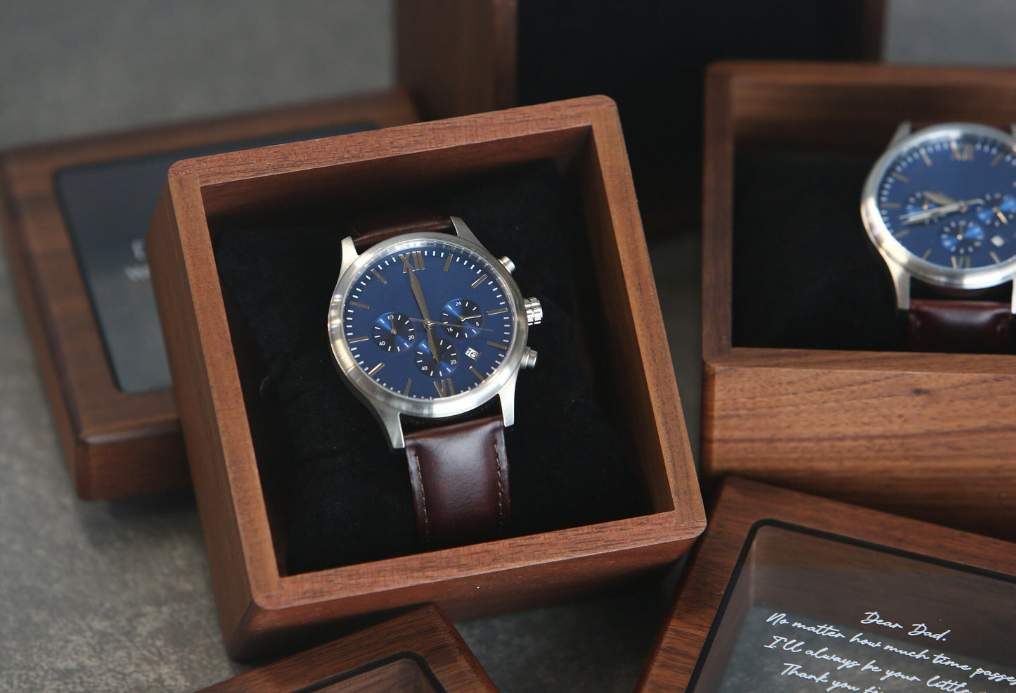 Metal Watch & Glass Top Walnut Gift Box - Mens 5th Anniversary Gift for Husband, Wedding Day Gift for Him Boyfriend Dad Son Brother Best Man