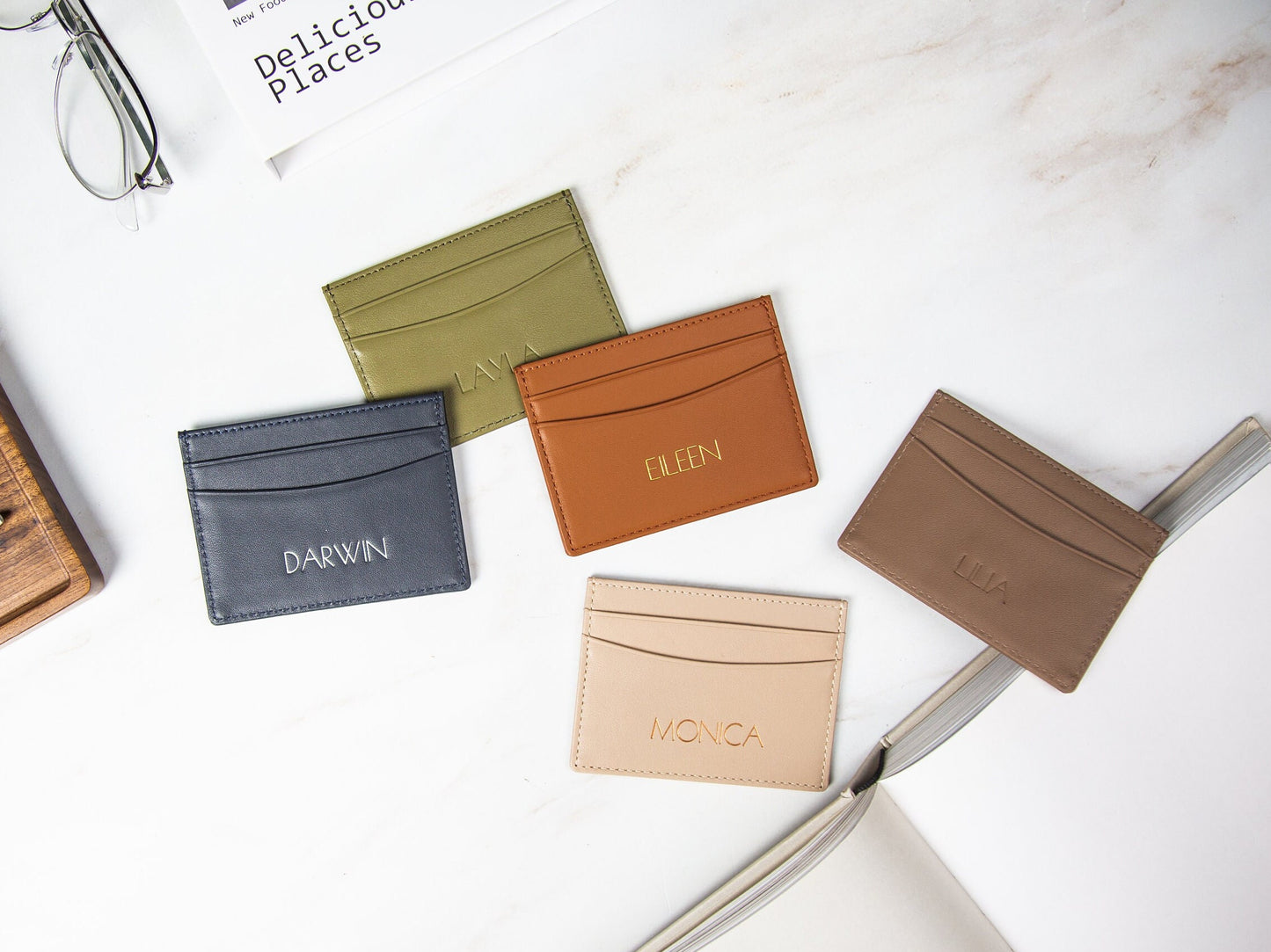 Embossed Leather Card Holder - Custom Monogram Name Initials Slim Money ID Wallet, Anniversary Gifts, Personalized Husband Boyfriend Gift