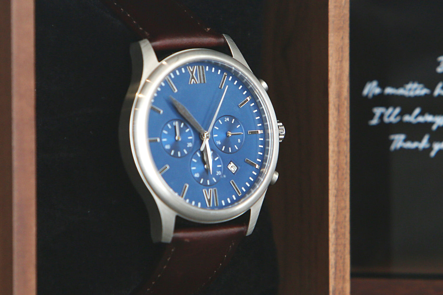 Metal Watch & Glass Top Walnut Gift Box - Mens 5th Anniversary Gift for Husband, Wedding Day Gift for Him Boyfriend Dad Son Brother Best Man