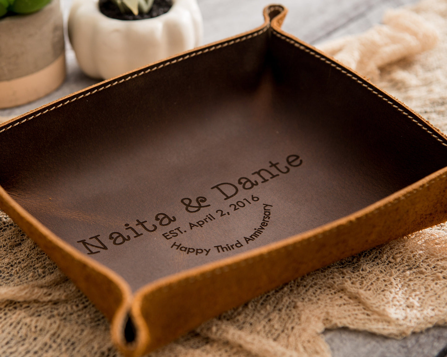 Engraved Anniversary Leather Valet Tray - Desk Side Table Key or Ring Tray Catchall, Wedding Travel or Engagement Gift for Couples Mom Dad