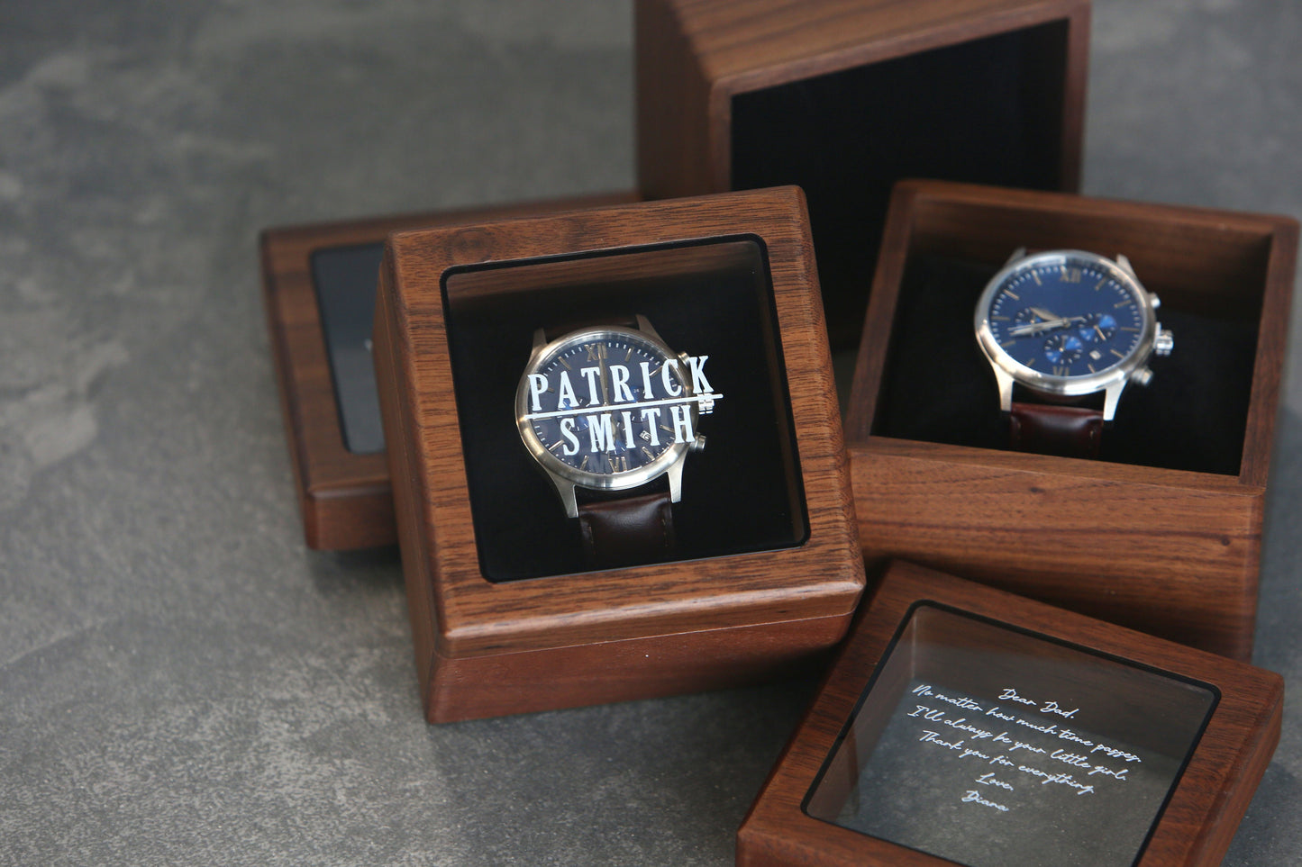 Metal Watch & Glass Top Walnut Gift Box - Mens 5th Anniversary Gift for Husband, Wedding Day Gift for Him Boyfriend Dad Son Brother Best Man
