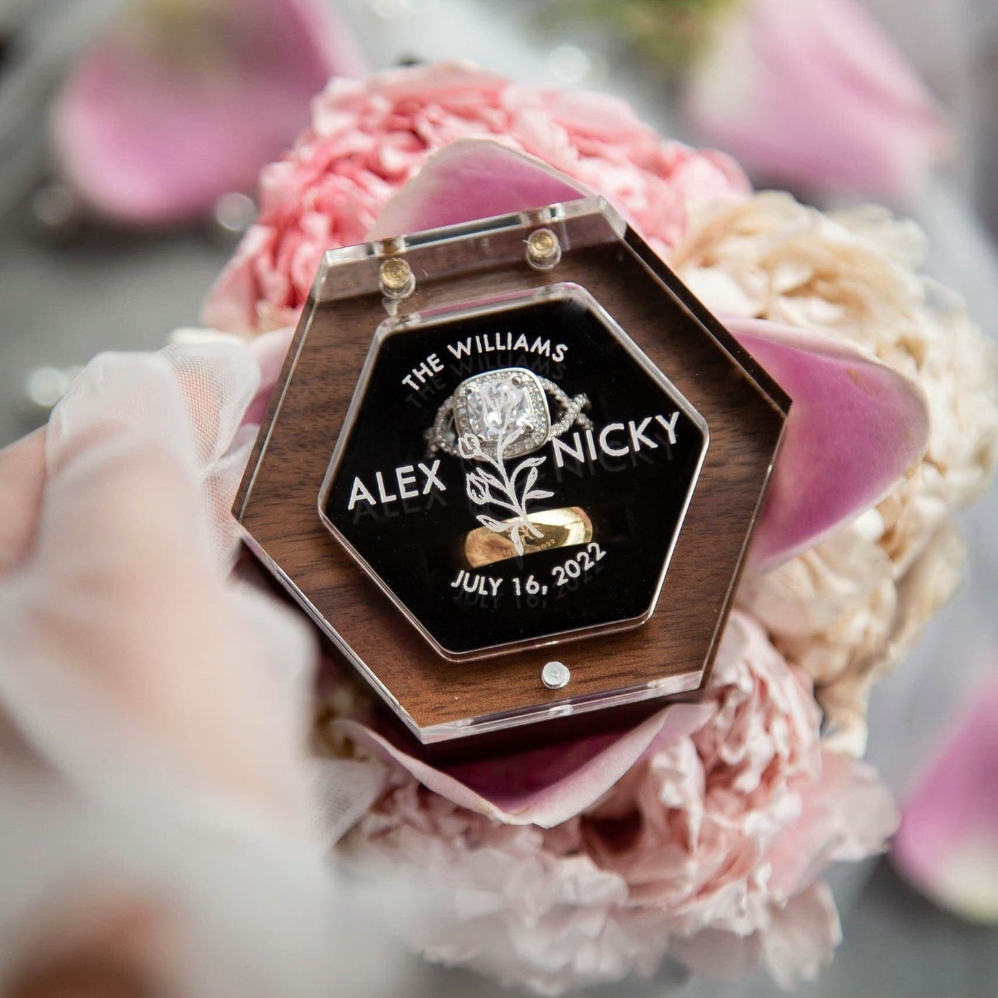 Hexagon Double Flip Ring Box with Clear Acrylic Lid - Wedding Ring Bearer Box for 2 Rings, Engagement Proposal Ring Holder, Gift for Her