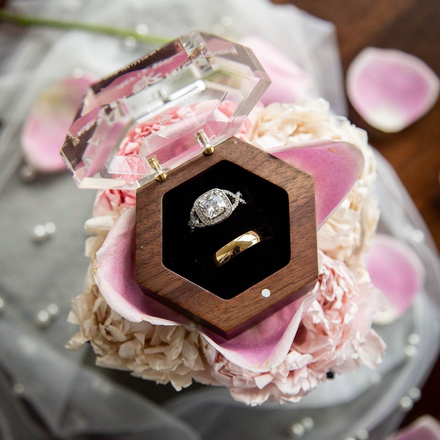 Hexagon Double Flip Ring Box with Clear Acrylic Lid - Wedding Ring Bearer Box for 2 Rings, Engagement Proposal Ring Holder, Gift for Her