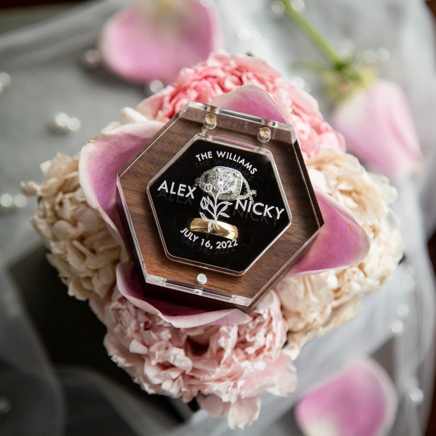 Hexagon Double Flip Ring Box with Clear Acrylic Lid - Wedding Ring Bearer Box for 2 Rings, Engagement Proposal Ring Holder, Gift for Her