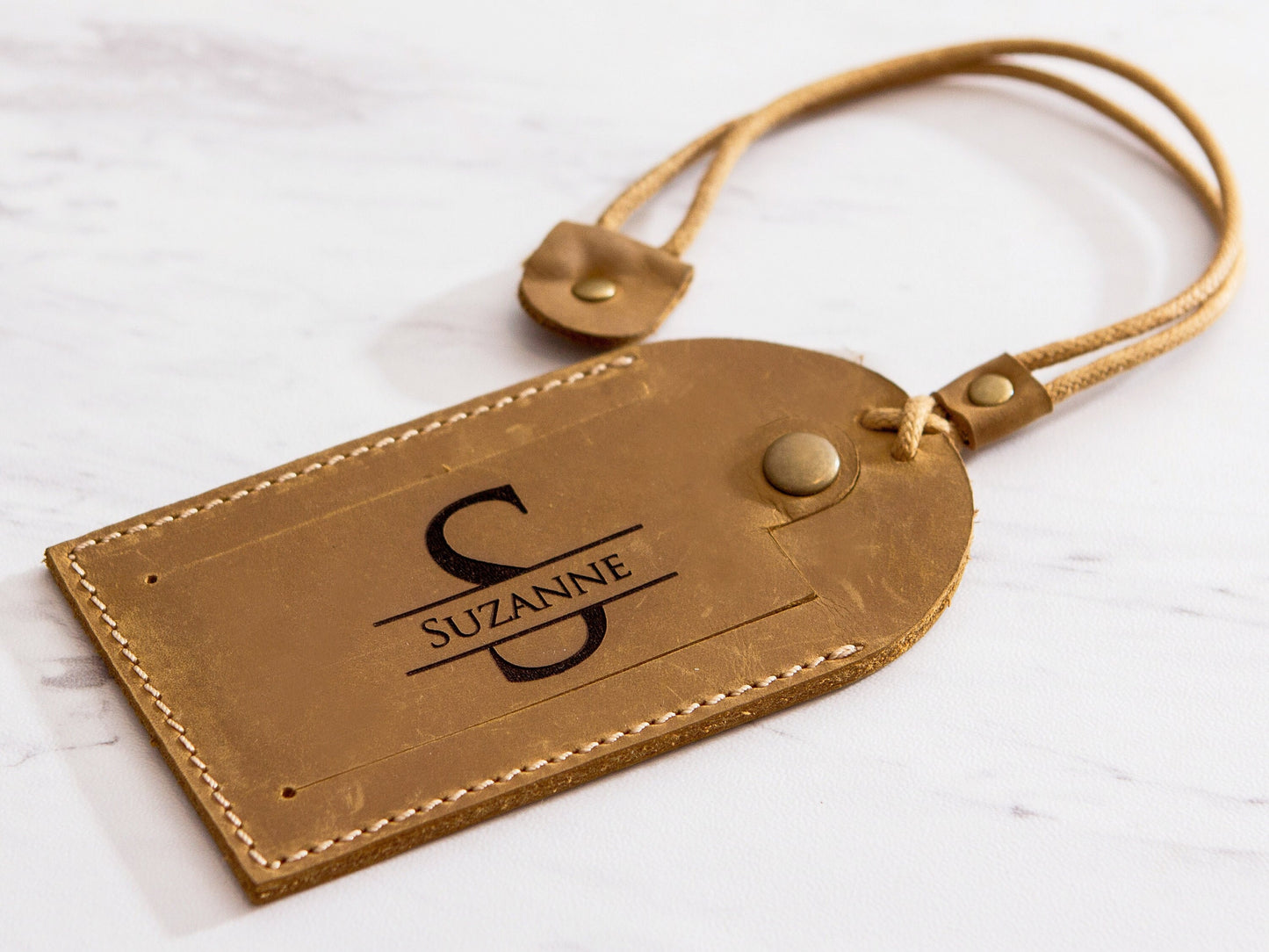 Engraved Luggage Tag with Contact Card - Leather Travel Bag Name Tag, Wedding Party Favor, Corporate Employee Coworker Traveler Gift