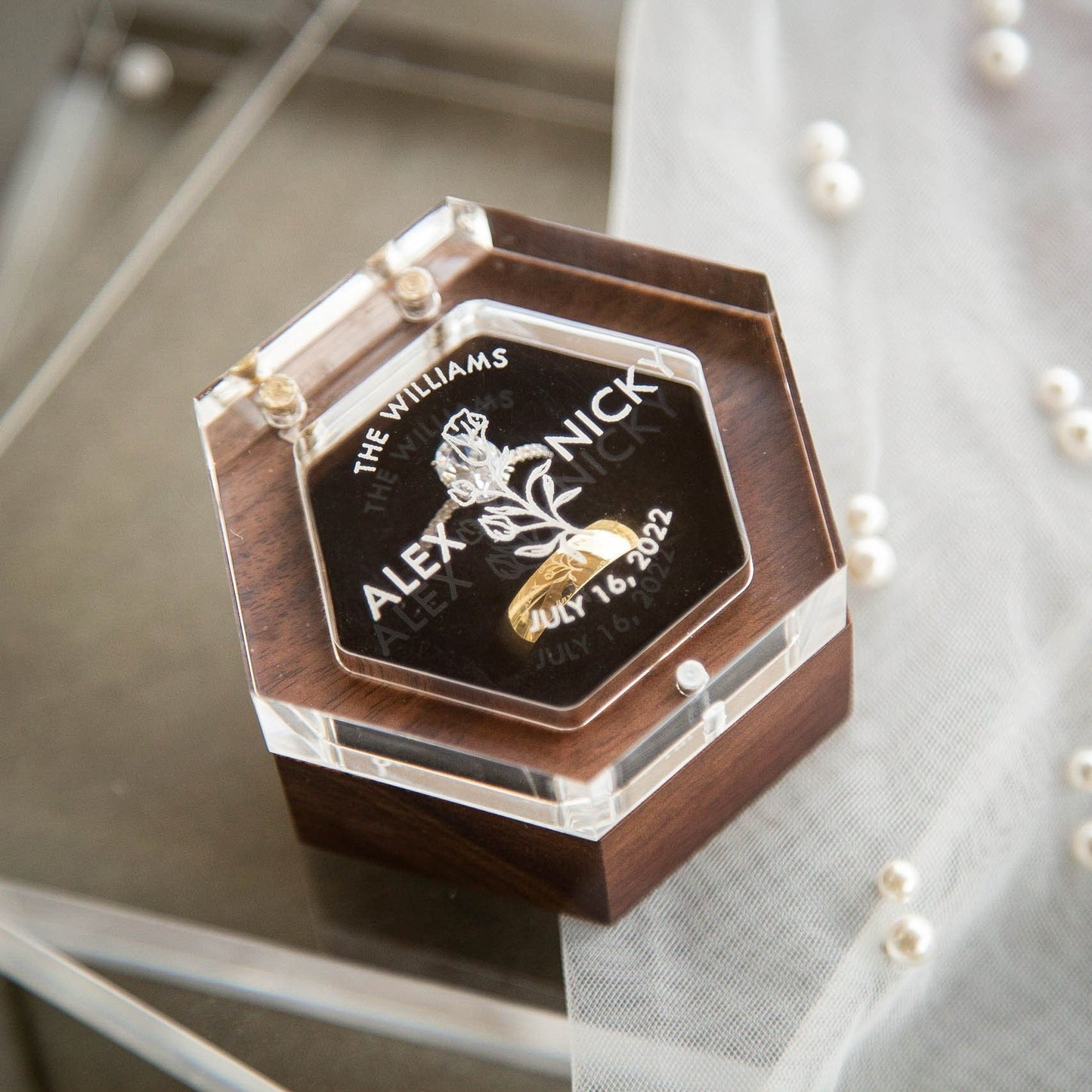 Hexagon Double Flip Ring Box with Clear Acrylic Lid - Wedding Ring Bearer Box for 2 Rings, Engagement Proposal Ring Holder, Gift for Her