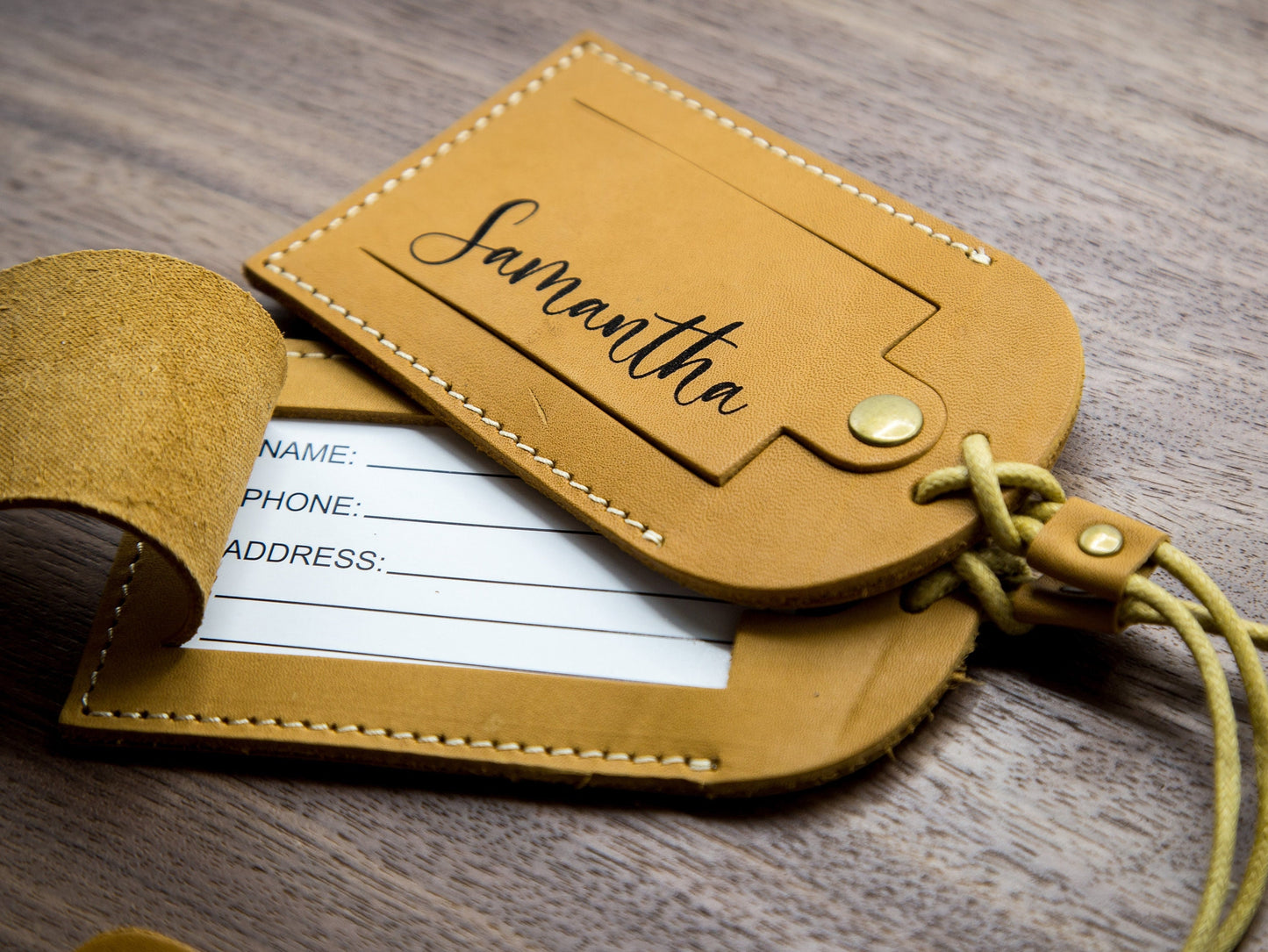 Engraved Luggage Tag with Contact Card - Leather Travel Bag Name Tag, Wedding Party Favor, Corporate Employee Coworker Traveler Gift