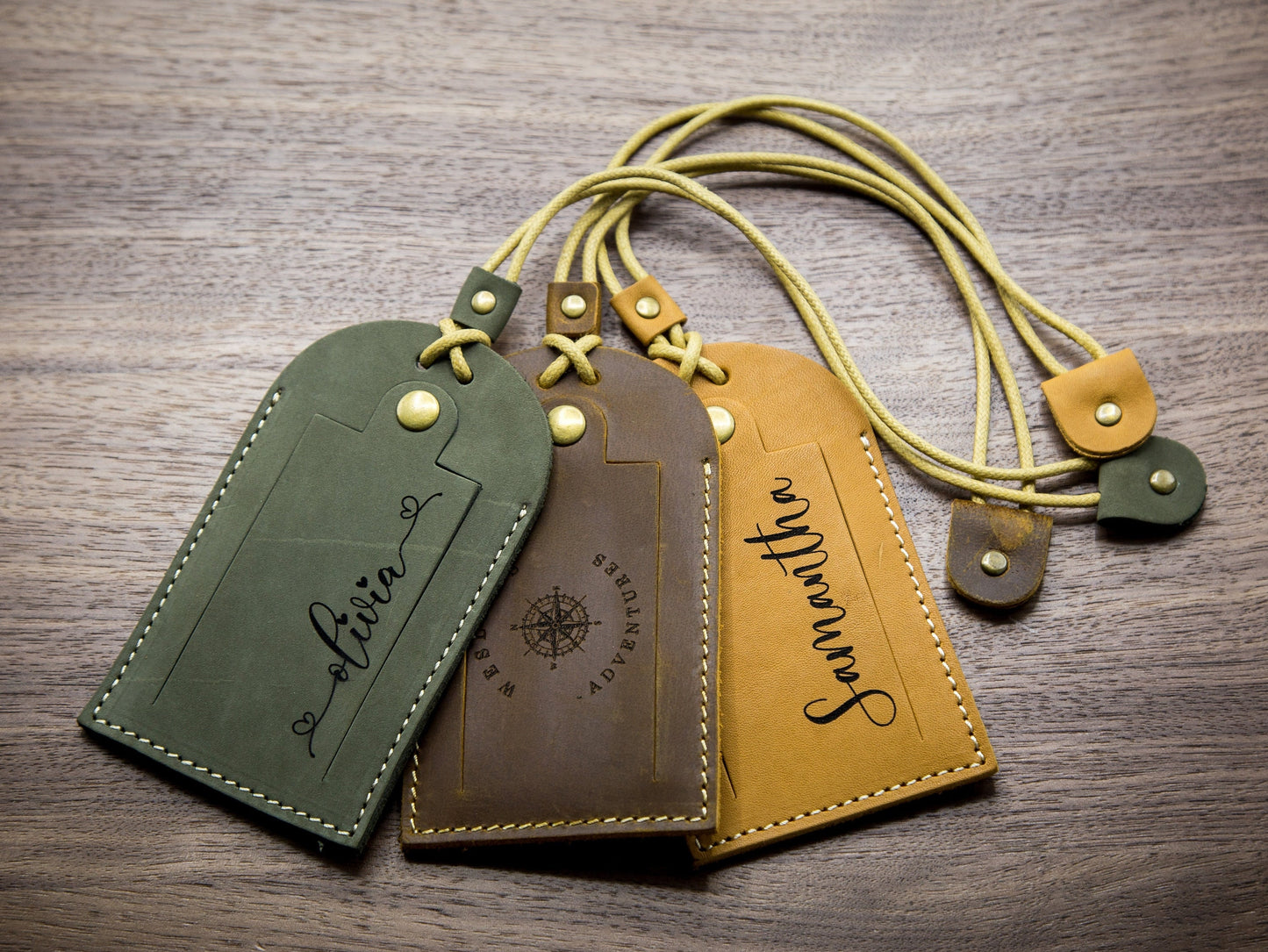 Engraved Luggage Tag with Contact Card - Leather Travel Bag Name Tag, Wedding Party Favor, Corporate Employee Coworker Traveler Gift