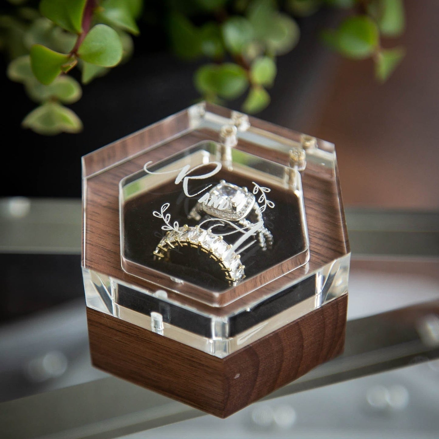 Hexagon Double Flip Ring Box with Clear Acrylic Lid - Wedding Ring Bearer Box for 2 Rings, Engagement Proposal Ring Holder, Gift for Her