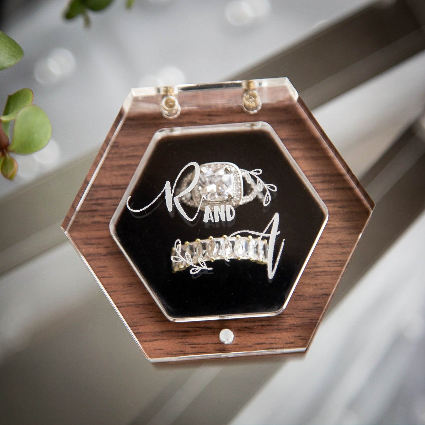 Hexagon Double Flip Ring Box with Clear Acrylic Lid - Wedding Ring Bearer Box for 2 Rings, Engagement Proposal Ring Holder, Gift for Her