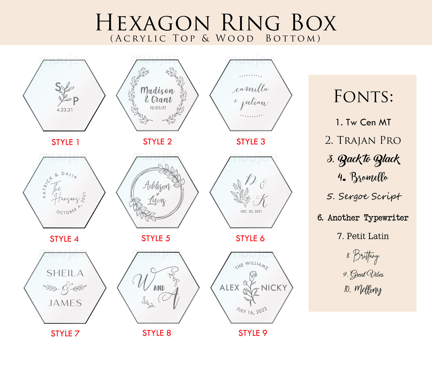 Hexagon Double Flip Ring Box with Clear Acrylic Lid - Wedding Ring Bearer Box for 2 Rings, Engagement Proposal Ring Holder, Gift for Her