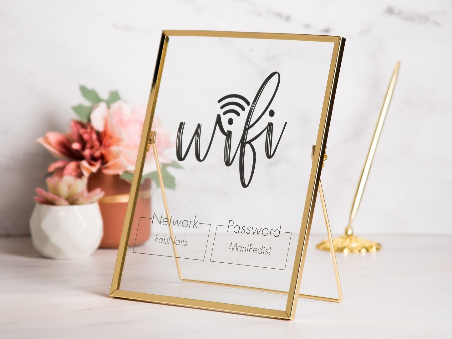 Gold Glass Wifi Sign - 6.5x7.75 Custom Wifi Table Sign, Home & Airbnb Rental, Business Office Lash Nail Hair Salons Restaurants Signage
