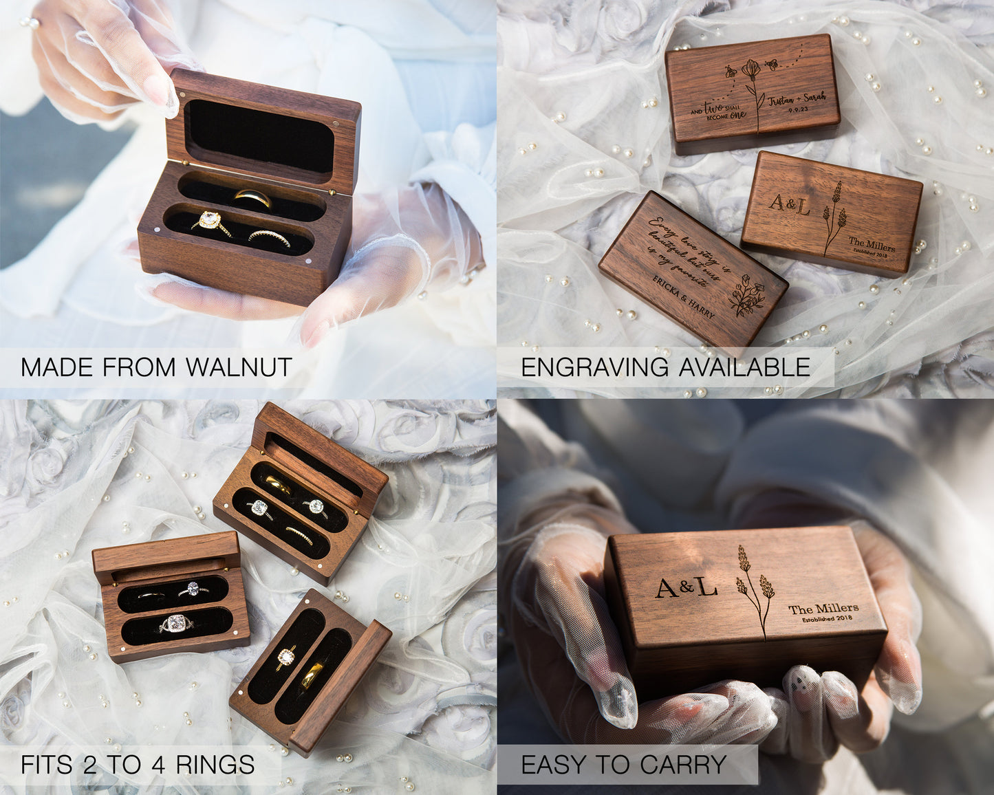 Quad Wood Ring Box - Storage for 2-4 Rings, Engraved Ring Bearer Box Alternative Wedding Ceremony, Unique Proposal Engagement Gift For Her