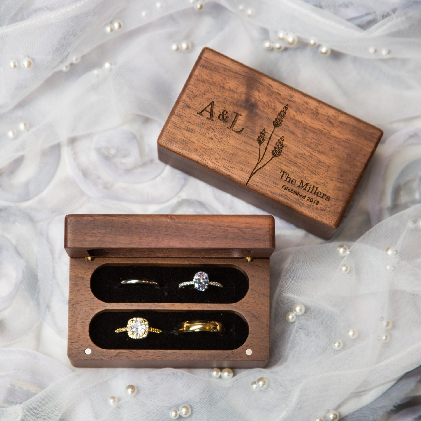 Quad Wood Ring Box - Storage for 2-4 Rings, Engraved Ring Bearer Box Alternative Wedding Ceremony, Unique Proposal Engagement Gift For Her
