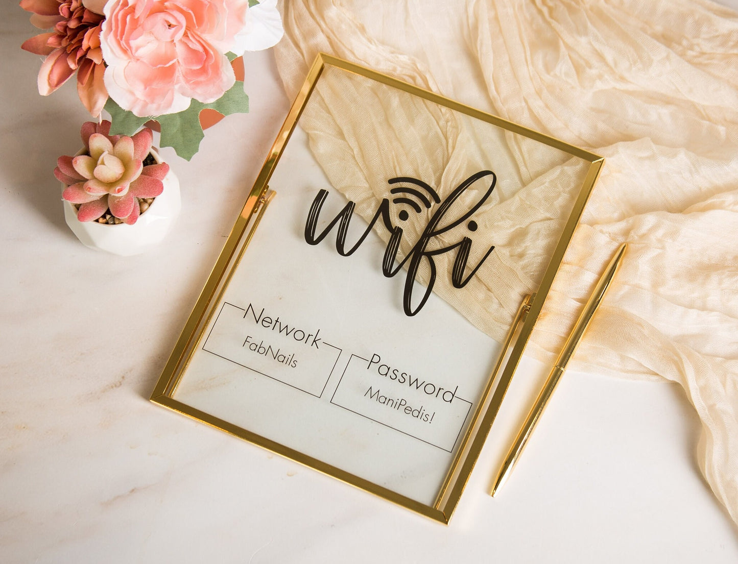 Gold Glass Wifi Sign - 6.5x7.75 Custom Wifi Table Sign, Home & Airbnb Rental, Business Office Lash Nail Hair Salons Restaurants Signage