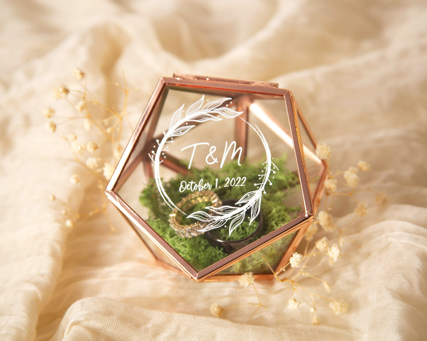 Geometric Glass Ring Box with Moss - Rose Gold or Gold - Personalized Ring Box for Wedding Ceremony, Ring Bearer Pillow Alternative