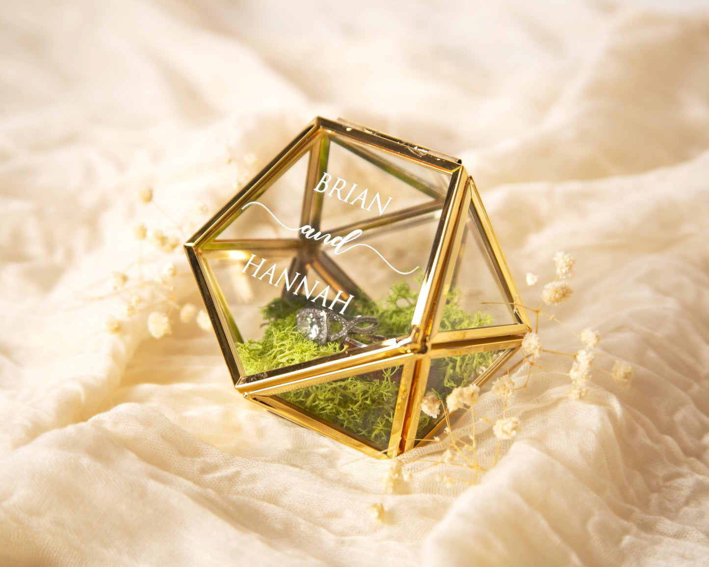 Geometric Glass Ring Box with Moss - Rose Gold or Gold - Personalized Ring Box for Wedding Ceremony, Ring Bearer Pillow Alternative