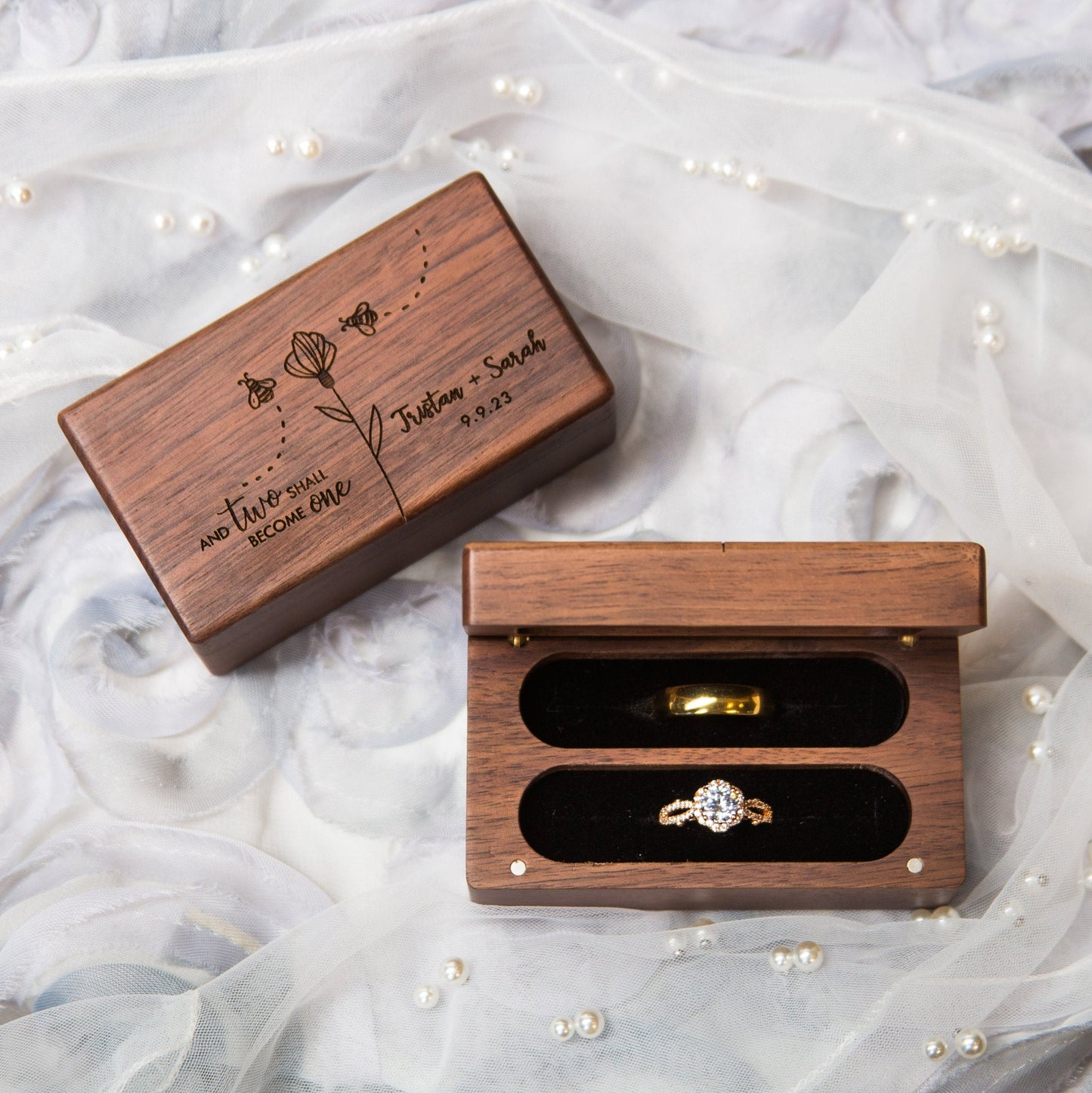 Quad Wood Ring Box - Storage for 2-4 Rings, Engraved Ring Bearer Box Alternative Wedding Ceremony, Unique Proposal Engagement Gift For Her