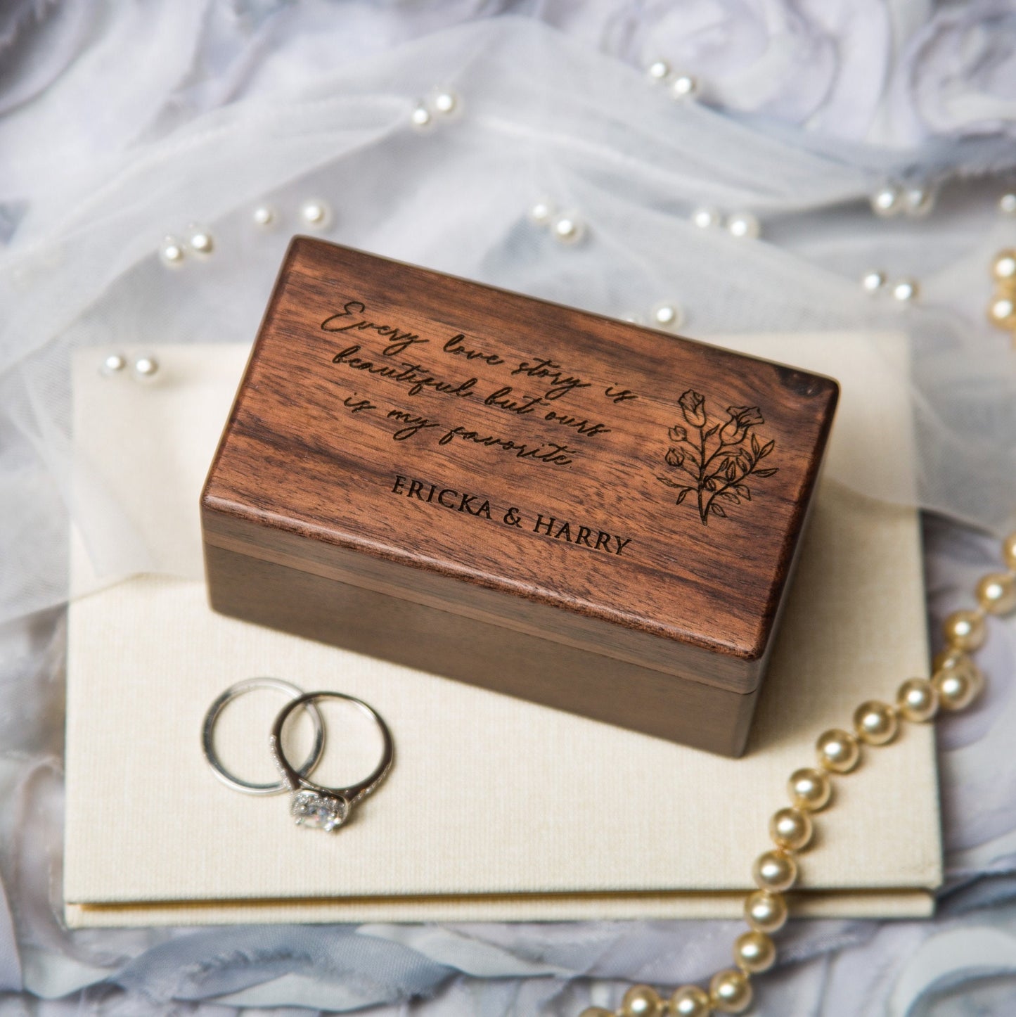 Quad Wood Ring Box - Storage for 2-4 Rings, Engraved Ring Bearer Box Alternative Wedding Ceremony, Unique Proposal Engagement Gift For Her