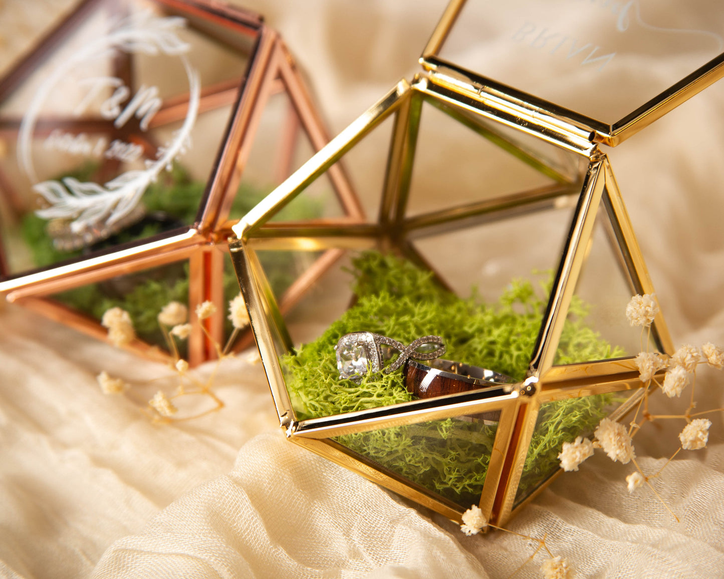 Geometric Glass Ring Box with Moss - Rose Gold or Gold - Personalized Ring Box for Wedding Ceremony, Ring Bearer Pillow Alternative
