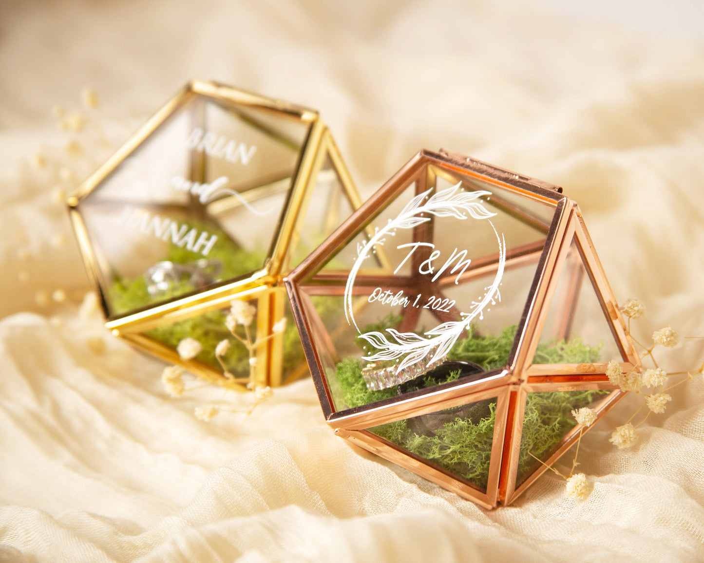 Geometric Glass Ring Box with Moss - Rose Gold or Gold - Personalized Ring Box for Wedding Ceremony, Ring Bearer Pillow Alternative