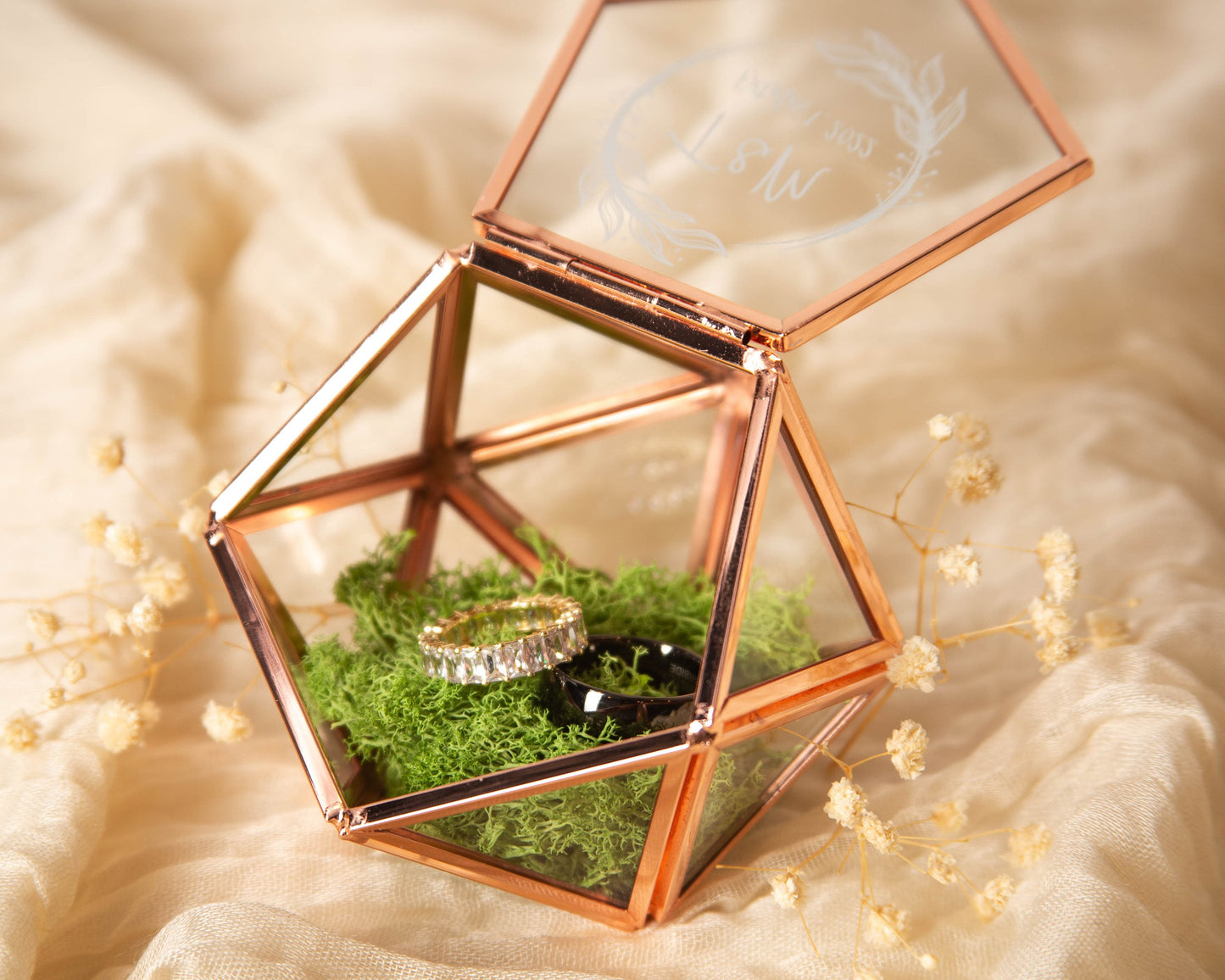 Geometric Glass Ring Box with Moss - Rose Gold or Gold - Personalized Ring Box for Wedding Ceremony, Ring Bearer Pillow Alternative