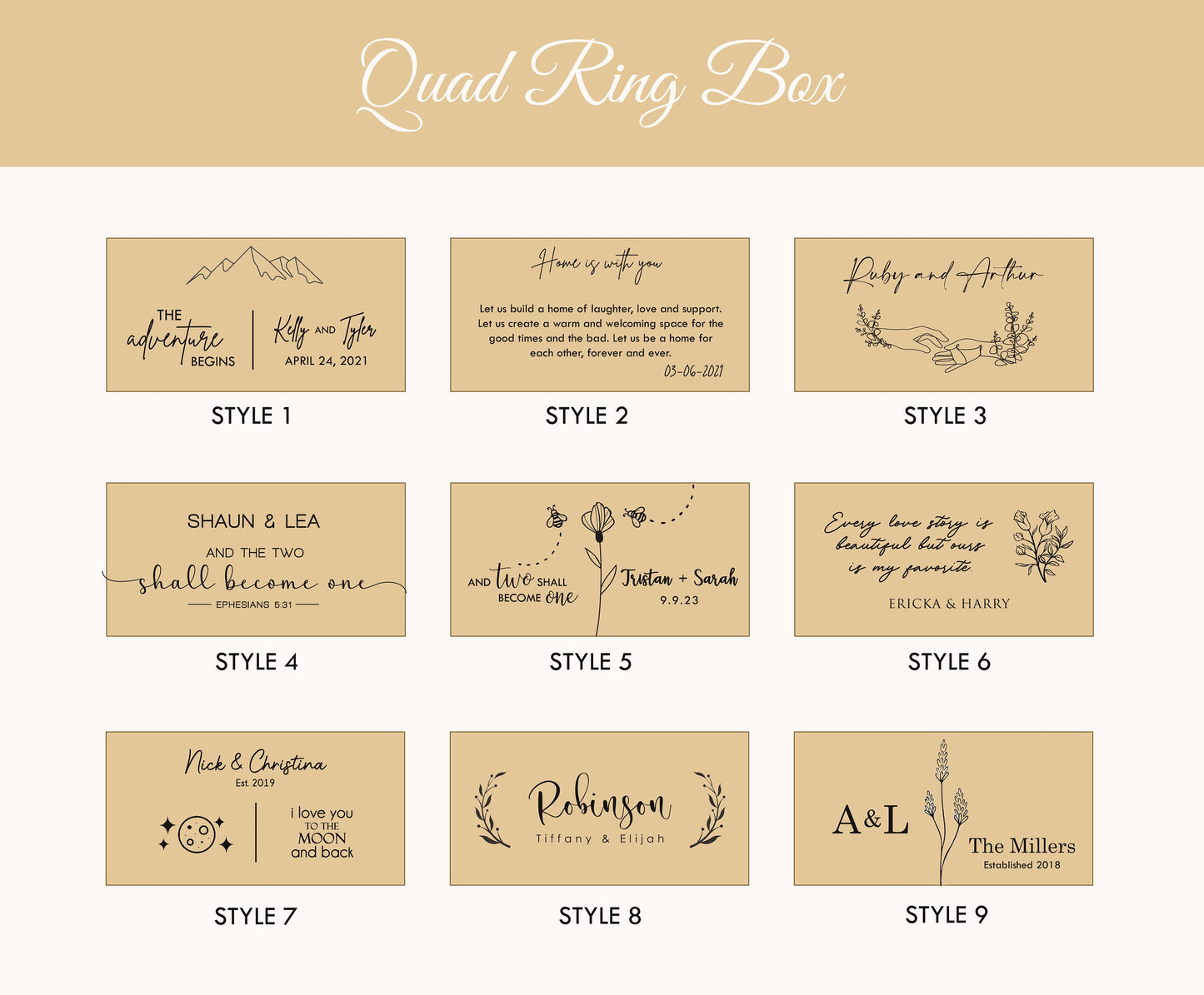 Quad Wood Ring Box - Storage for 2-4 Rings, Engraved Ring Bearer Box Alternative Wedding Ceremony, Unique Proposal Engagement Gift For Her
