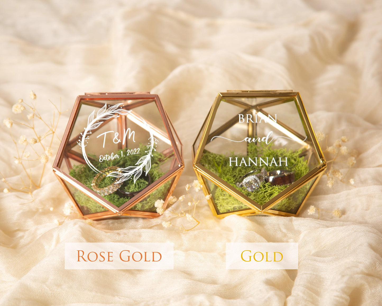 Geometric Glass Ring Box with Moss - Rose Gold or Gold - Personalized Ring Box for Wedding Ceremony, Ring Bearer Pillow Alternative