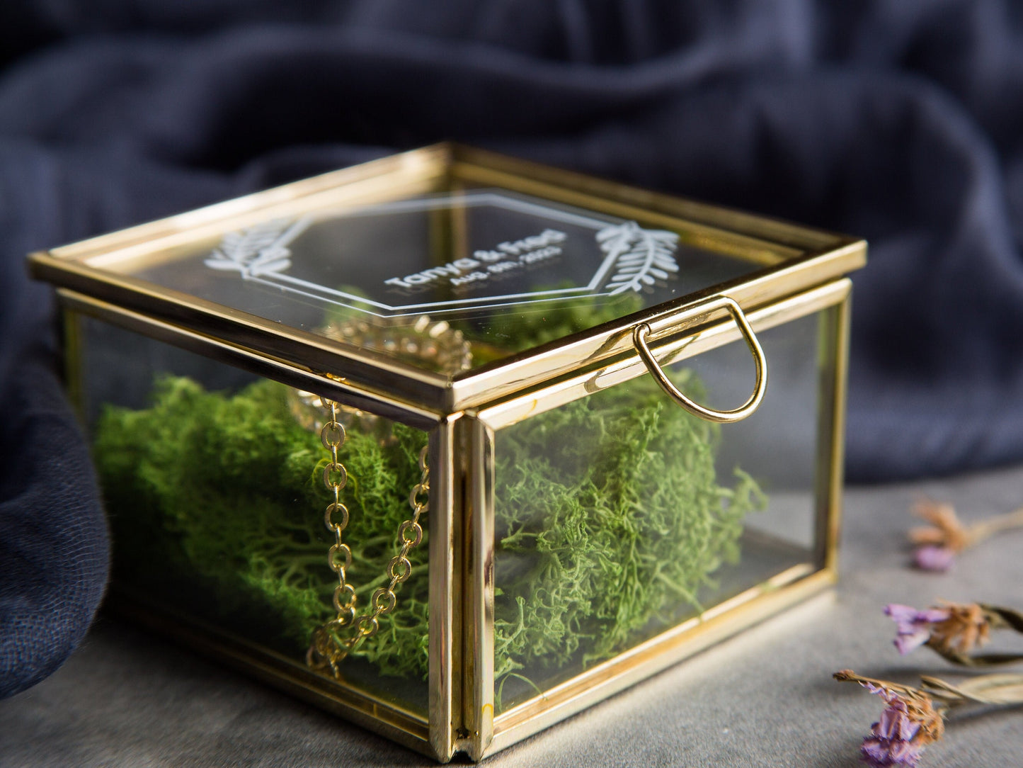 Square Gold Glass Ring Bearer Box with Moss - Personalized Ring Box for Wedding Ceremony, Modern Ring Holder for Engagements, Rustic Wedding