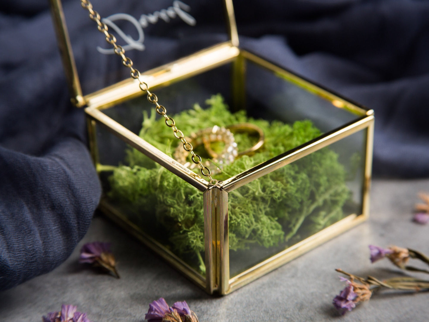 Square Gold Glass Ring Bearer Box with Moss - Personalized Ring Box for Wedding Ceremony, Modern Ring Holder for Engagements, Rustic Wedding