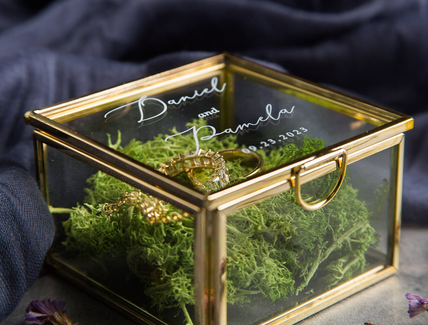 Square Gold Glass Ring Bearer Box with Moss - Personalized Ring Box for Wedding Ceremony, Modern Ring Holder for Engagements, Rustic Wedding
