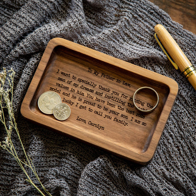 Rectangle Wood Tray - Engraved Key or Ring Dish, Bedside or Desk Tray, Wedding Gift Father of the Bride Groom Dad Mom, gift from daughter