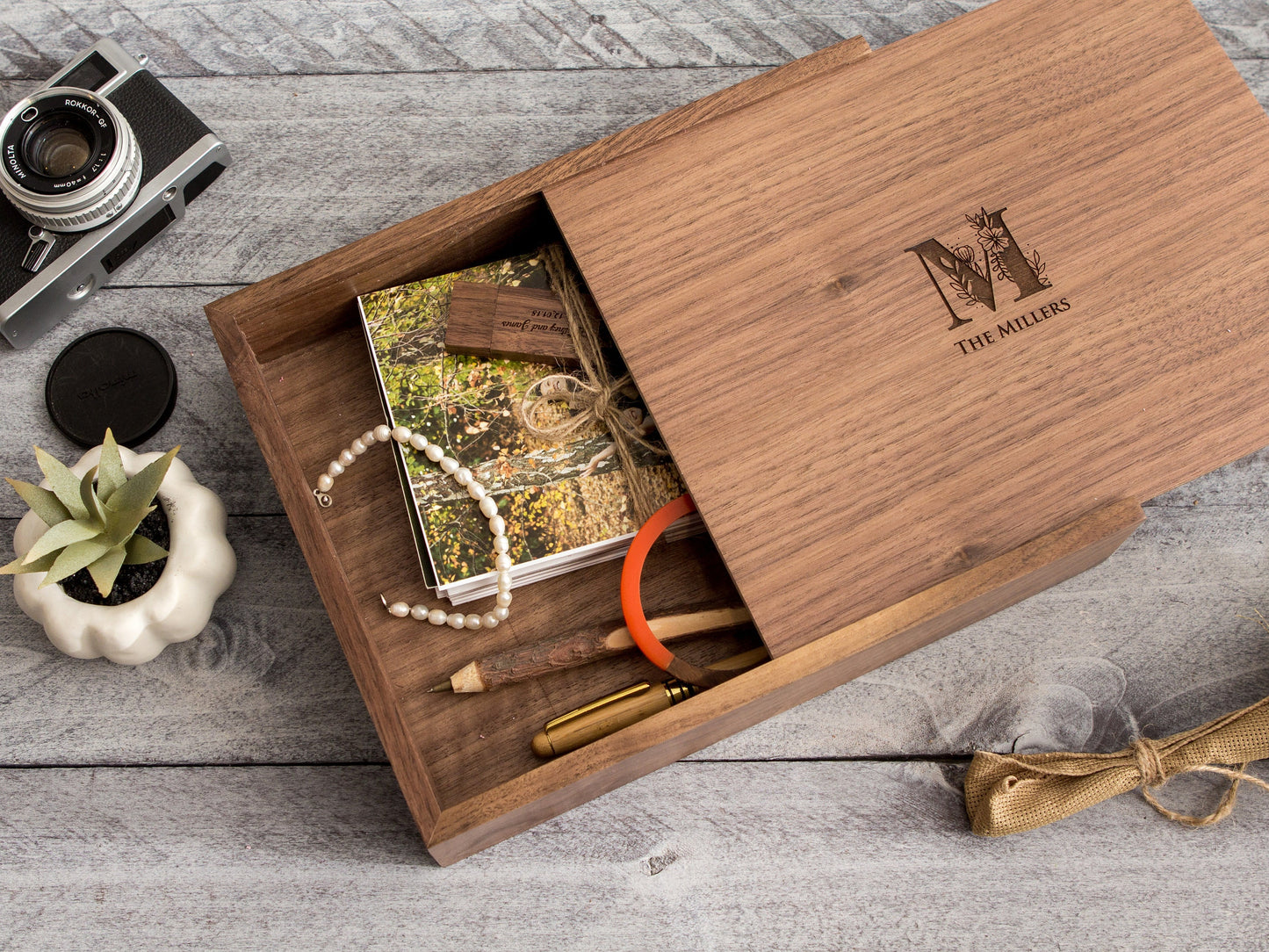 8x10" Large Wood Memory Box - Engraved Walnut Box for Cards Photos, Wedding Keepsake Storage, handmade gift for him unique baby memory