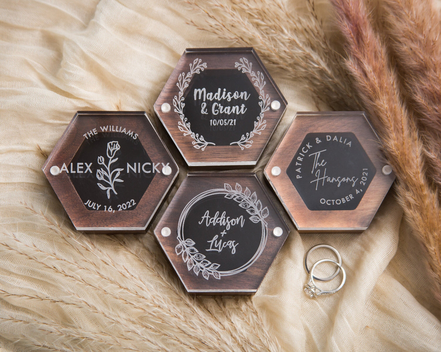 Hexagon Ring Box with Clear Acrylic Lid & Wood Base - Engraved Modern Wedding Ring Bearer Box, Engagement Proposal Ring Storage, Ring Dish
