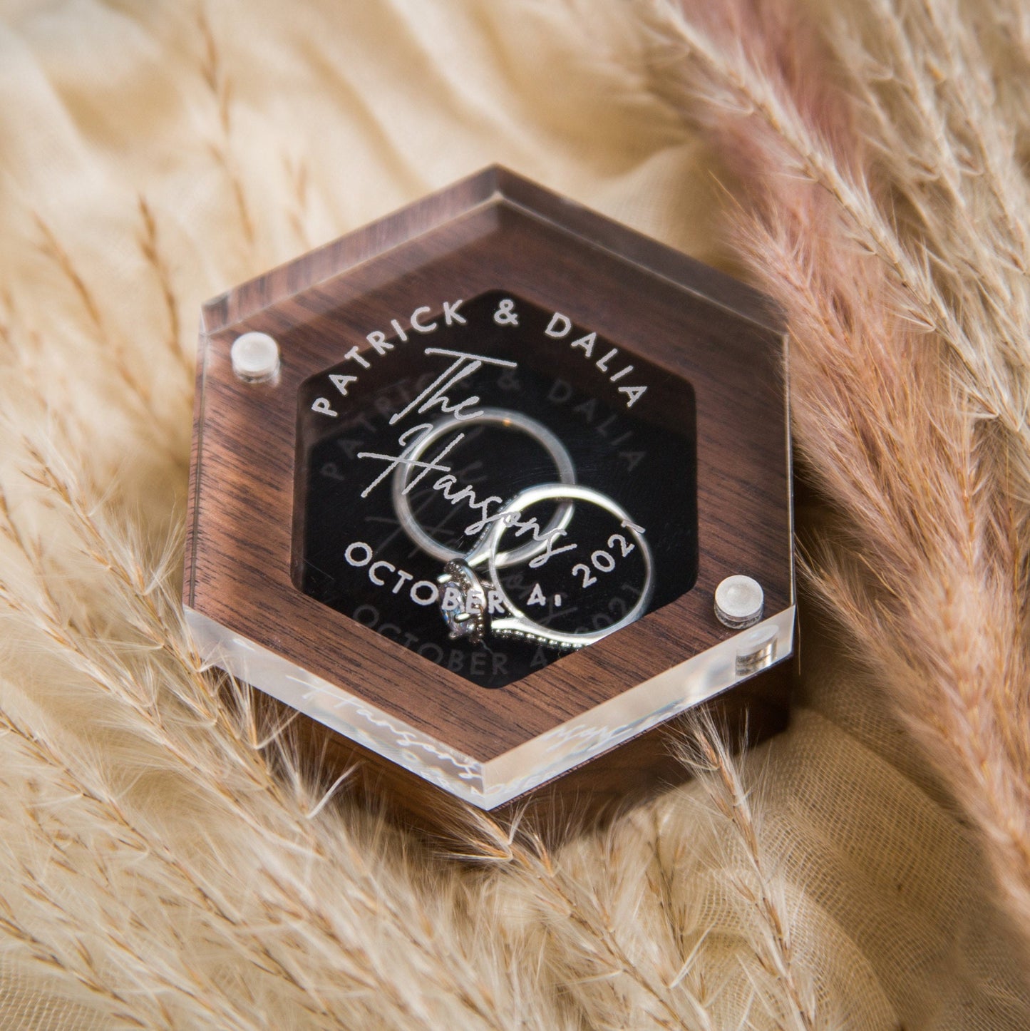 Hexagon Ring Box with Clear Acrylic Lid & Wood Base - Engraved Modern Wedding Ring Bearer Box, Engagement Proposal Ring Storage, Ring Dish