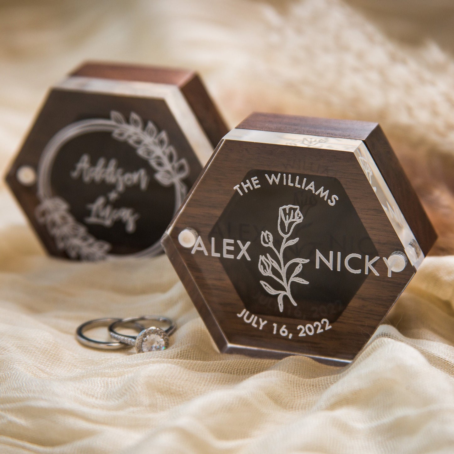 Hexagon Ring Box with Clear Acrylic Lid & Wood Base - Engraved Modern Wedding Ring Bearer Box, Engagement Proposal Ring Storage, Ring Dish