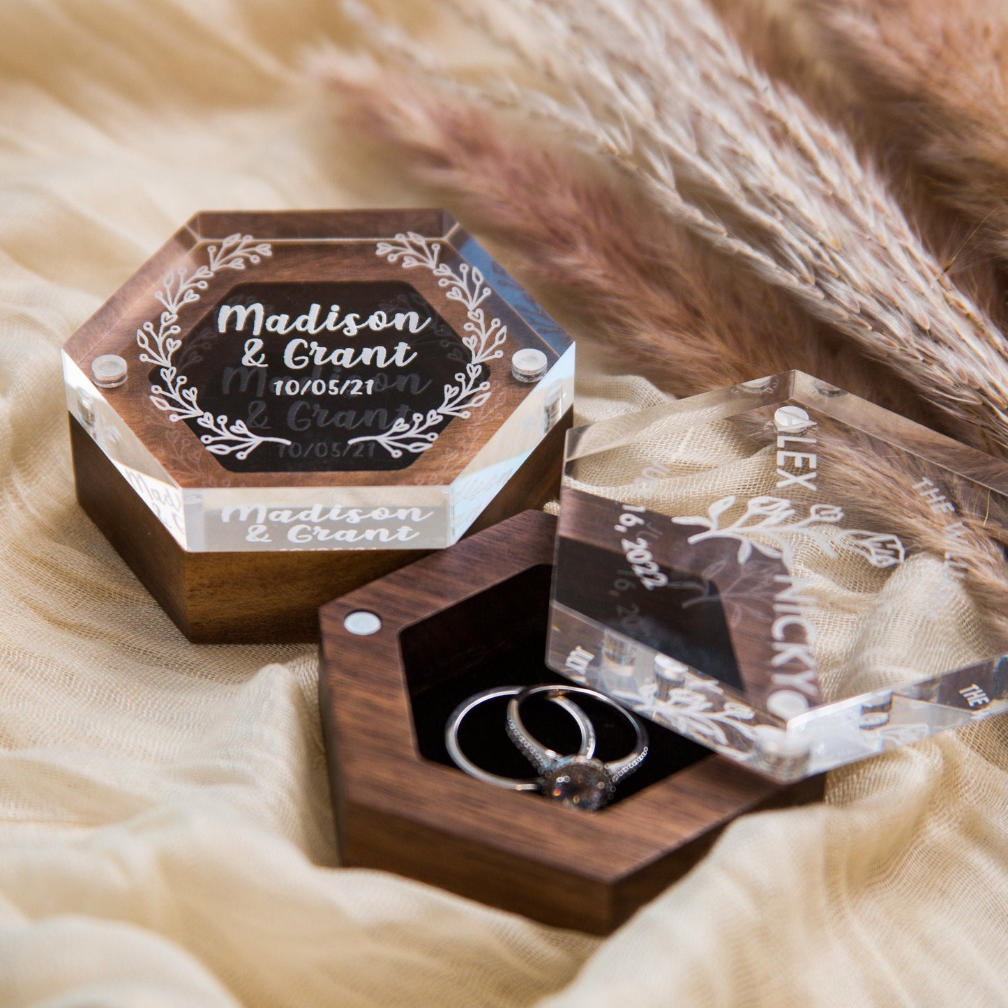 Hexagon Ring Box with Clear Acrylic Lid & Wood Base - Engraved Modern Wedding Ring Bearer Box, Engagement Proposal Ring Storage, Ring Dish