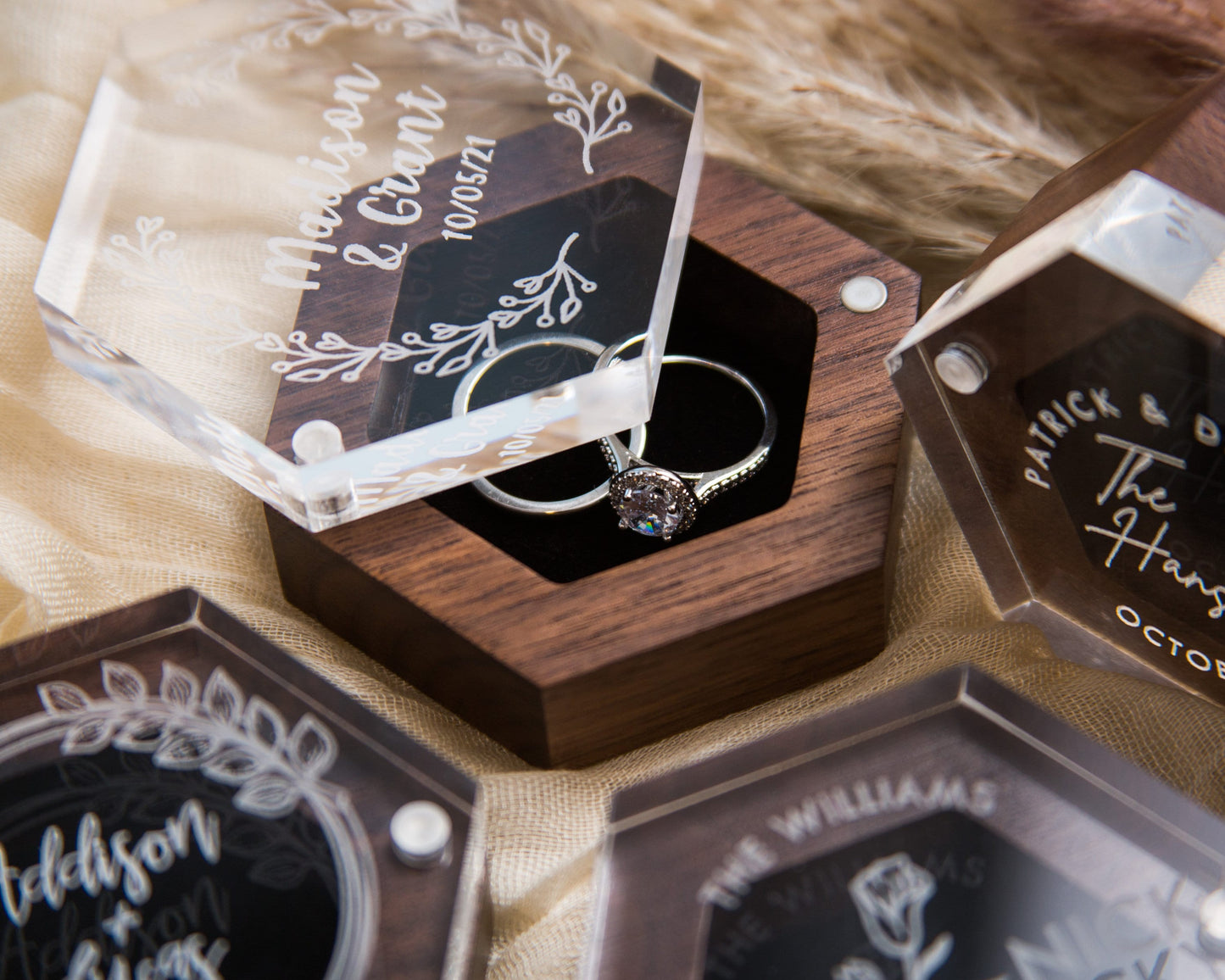Hexagon Ring Box with Clear Acrylic Lid & Wood Base - Engraved Modern Wedding Ring Bearer Box, Engagement Proposal Ring Storage, Ring Dish