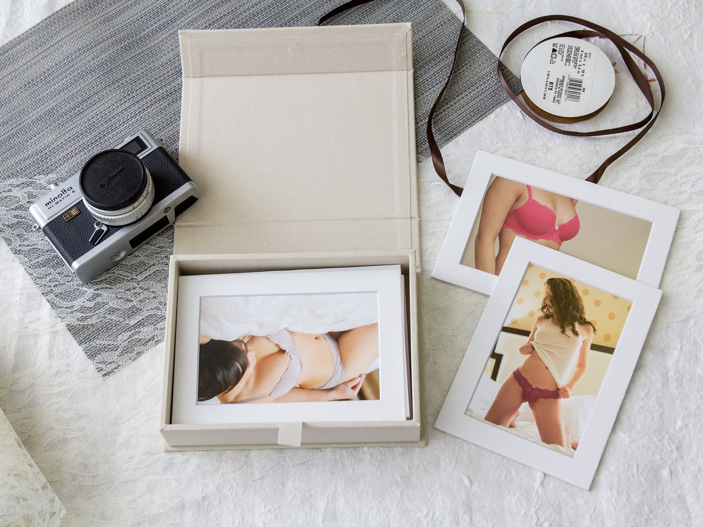 5x7" Boudoir Linen Photo Box - Photography Print Storage Box, Wedding Day Couple Gifts for Groom Bride, 4th Year Linen Anniversary Gift