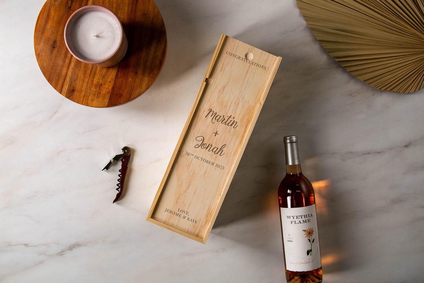 Wood Wine Box (Design 1) - Congratulations - Walnut or Pine Wine Champagne Box, Engagement Wedding Gift for the Bride & Groom Honeymoon Gift