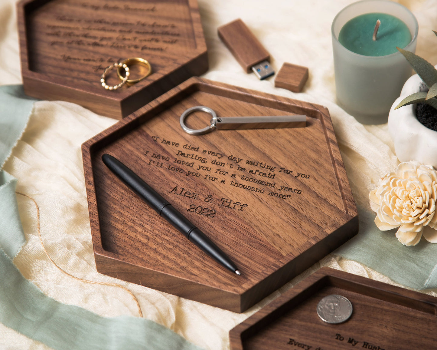 Hexagon Wood Tray - Engraved Key or Ring Dish, Wedding Day Gift for Mom Mother of the Bride Groom MIL Women, Gift from kids, son or daughter