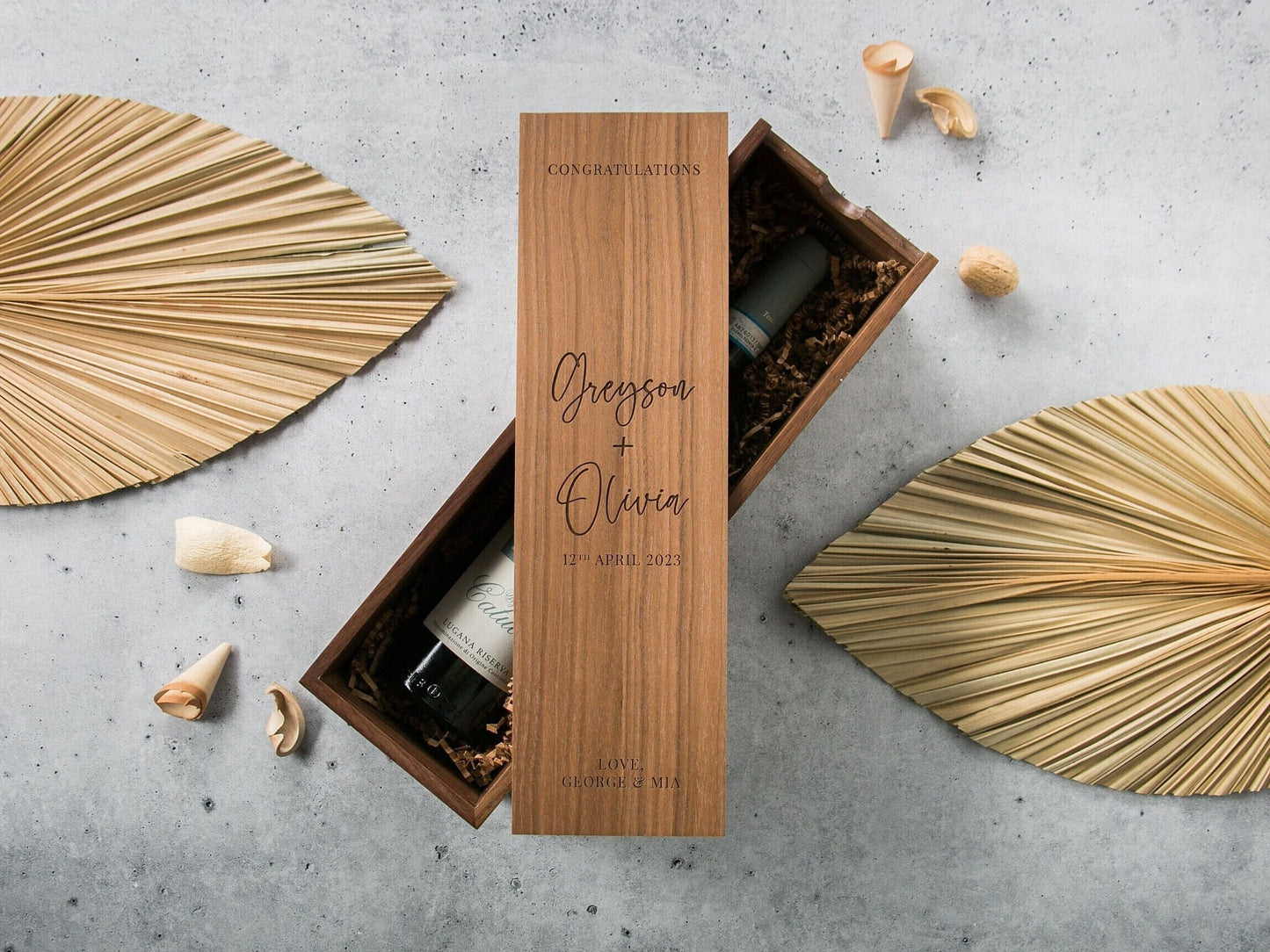 Wood Wine Box (Design 1) - Congratulations - Walnut or Pine Wine Champagne Box, Engagement Wedding Gift for the Bride & Groom Honeymoon Gift
