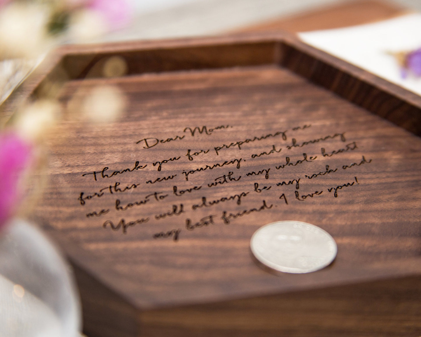 Hexagon Wood Tray - Engraved Key or Ring Dish, Wedding Day Gift for Mom Mother of the Bride Groom MIL Women, Gift from kids, son or daughter