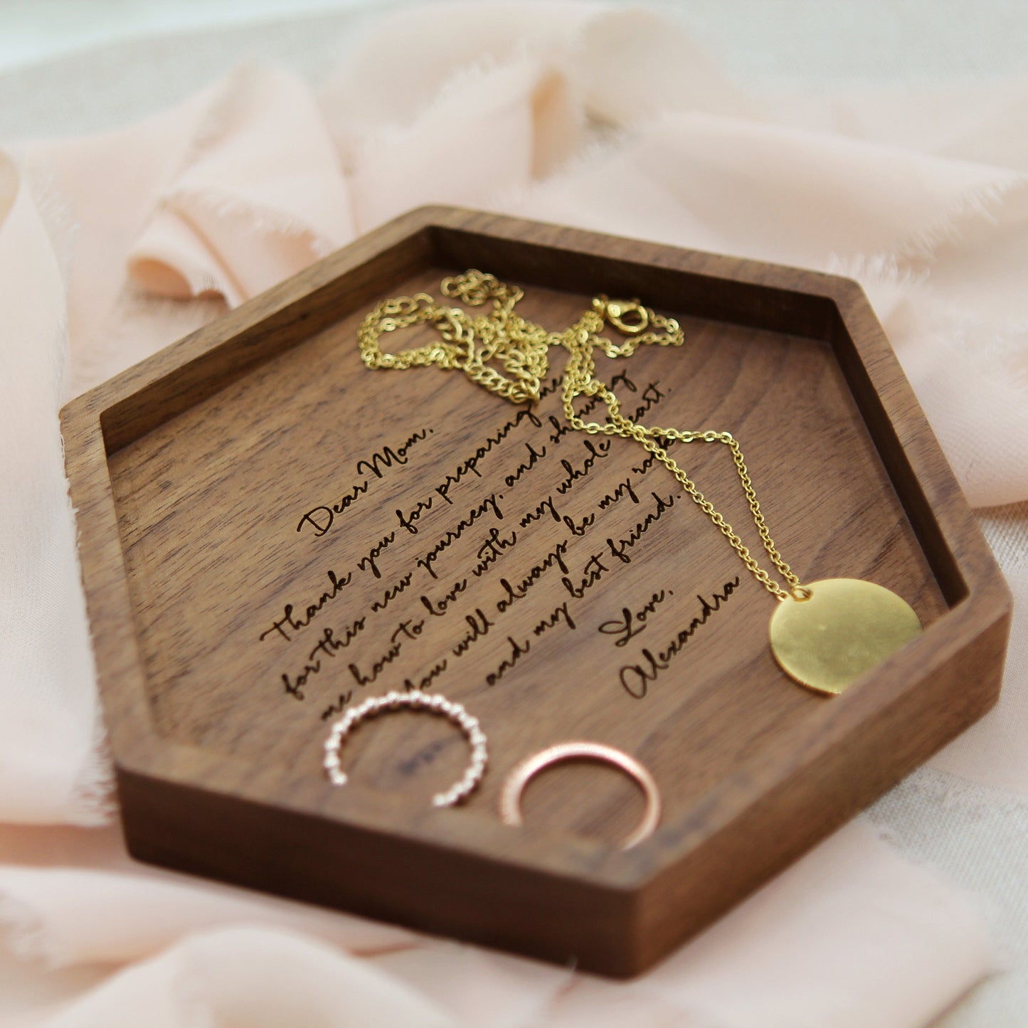 Hexagon Wood Tray - Engraved Key or Ring Dish, Wedding Day Gift for Mom Mother of the Bride Groom MIL Women, Gift from kids, son or daughter