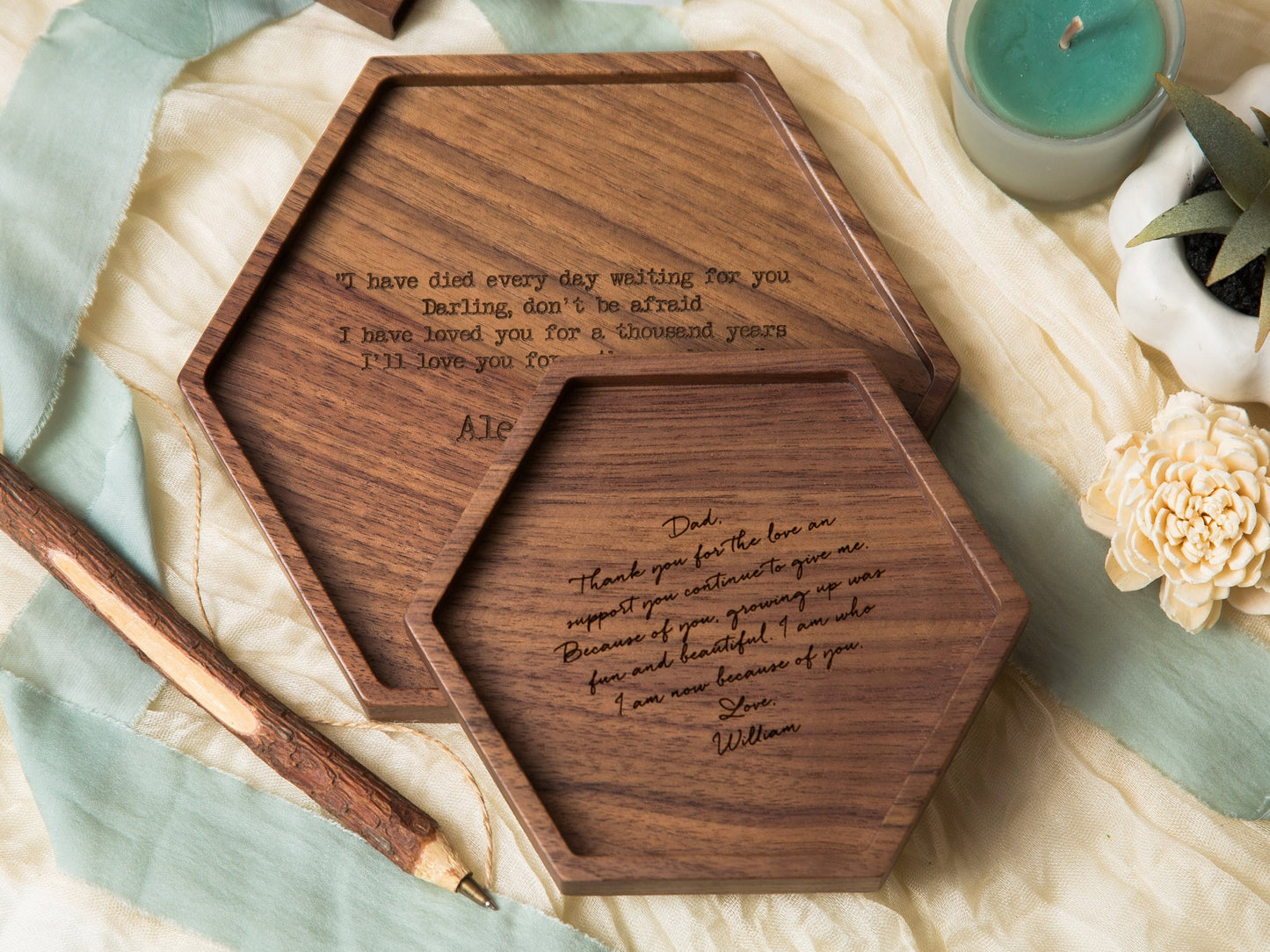 Hexagon Wood Tray - Engraved Key or Ring Dish, Wedding Day Gift for Mom Mother of the Bride Groom MIL Women, Gift from kids, son or daughter