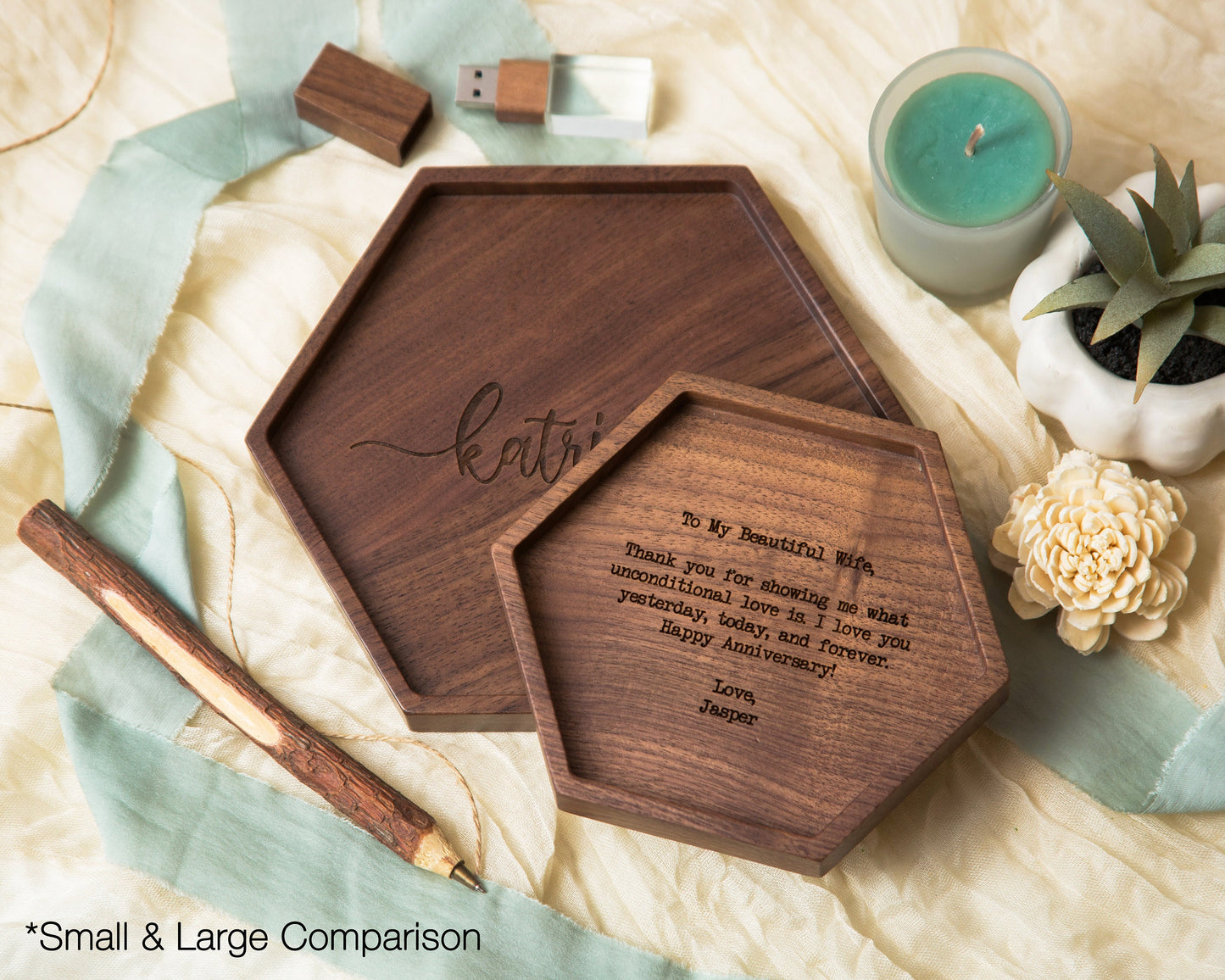 Hexagon Wood Tray - Engraved Key or Ring Dish, Wedding Day Gift for Mom Mother of the Bride Groom MIL Women, Gift from kids, son or daughter