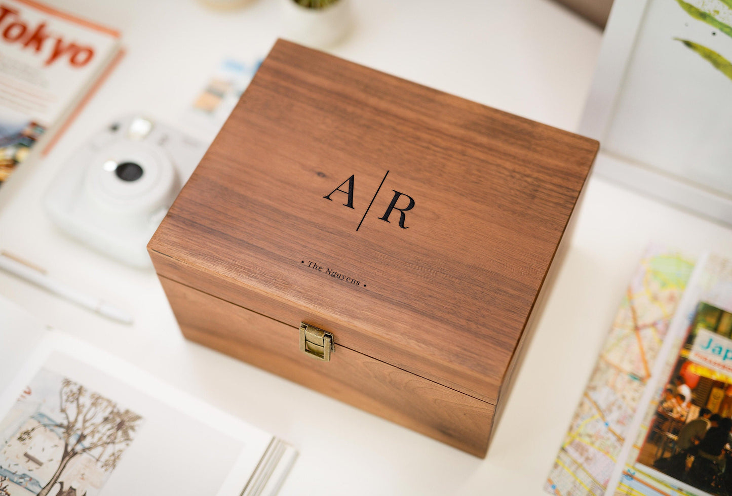 Wood Storage Box w/ Hinge Lid (D7) - Engraved Wedding Keepsake Memory Box Wedding Photos Cards, Engagement Gift, Anniversary Gift Couples