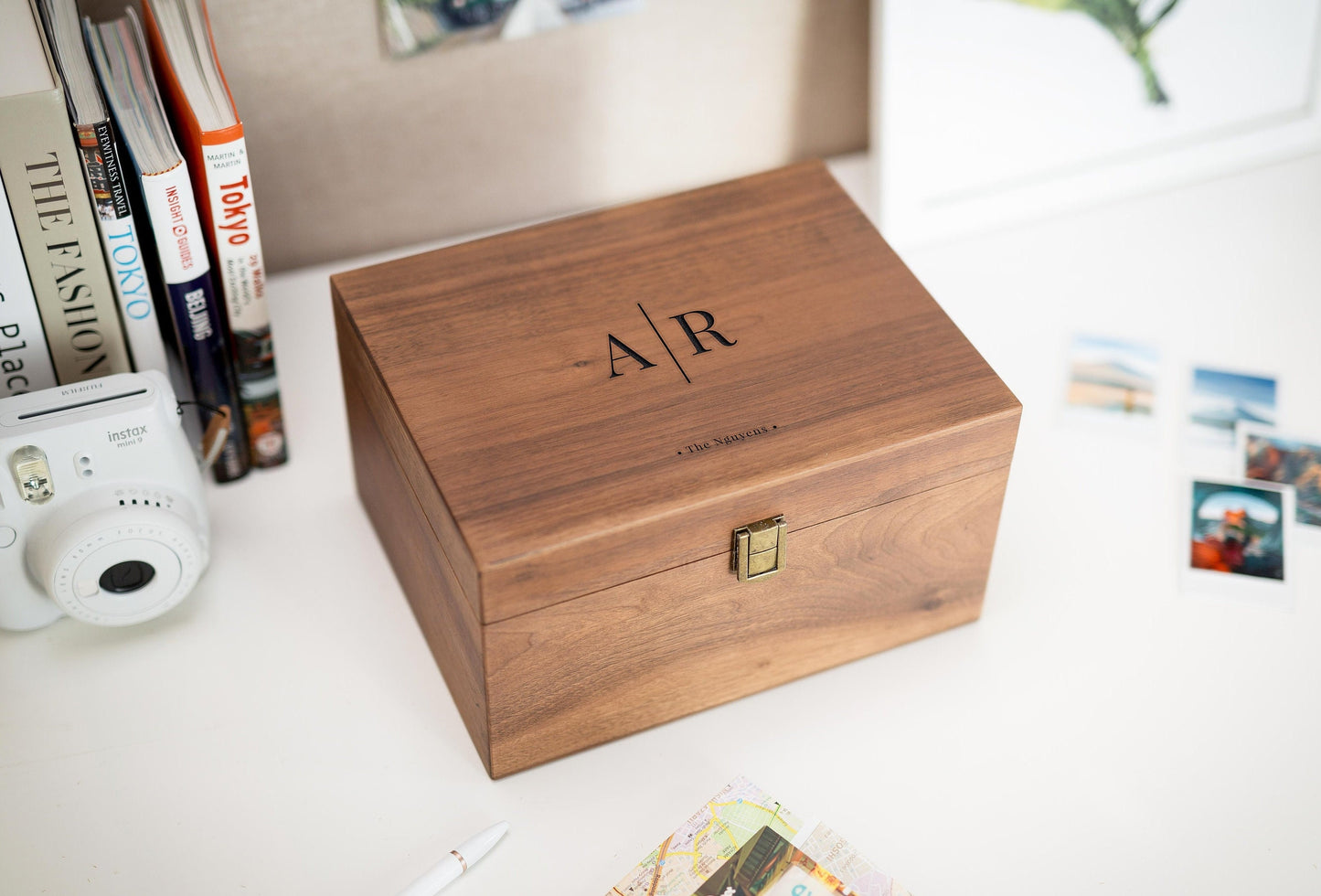 Wood Storage Box w/ Hinge Lid (D7) - Engraved Wedding Keepsake Memory Box Wedding Photos Cards, Engagement Gift, Anniversary Gift Couples