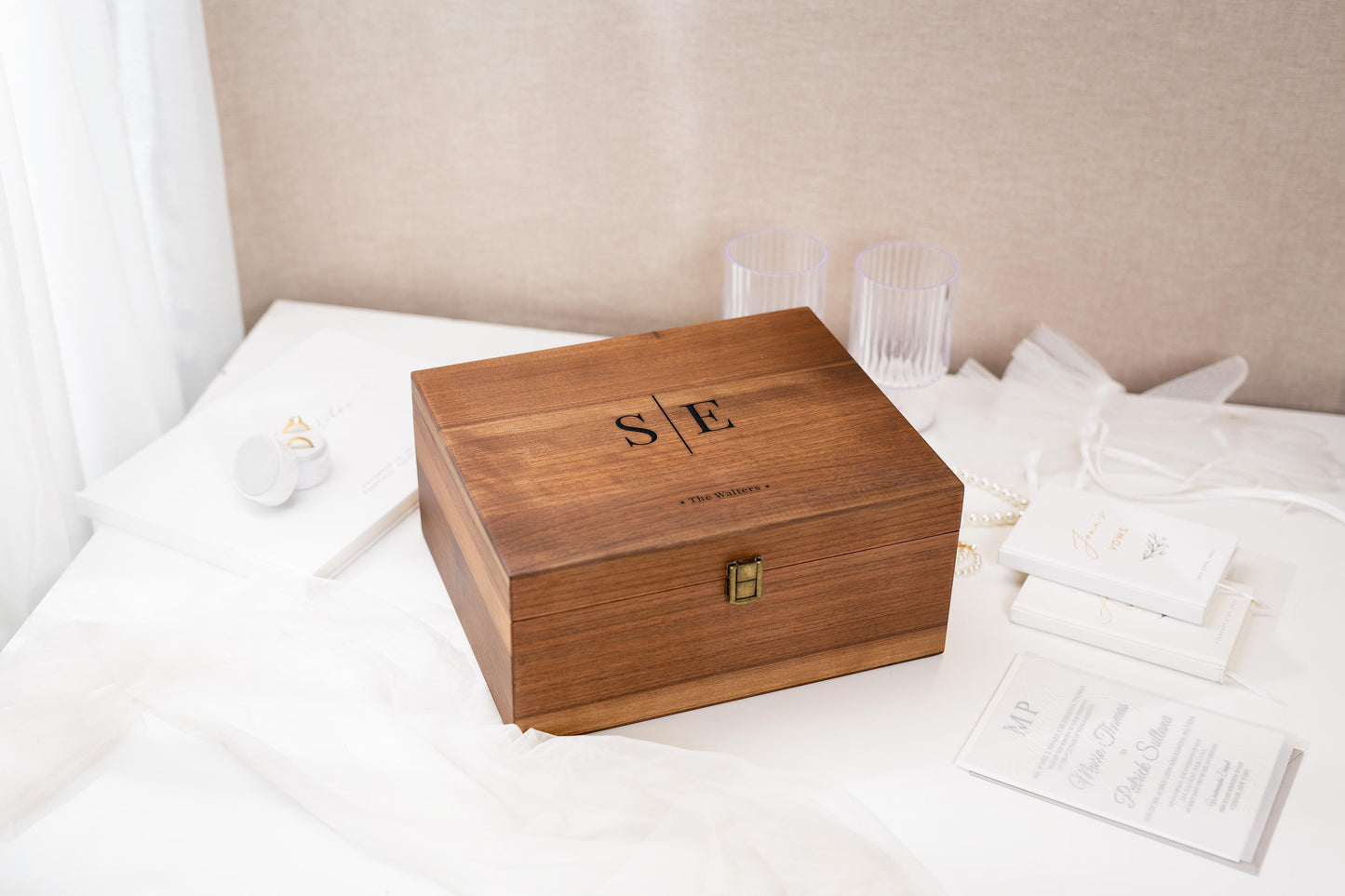 Wood Storage Box w/ Hinge Lid (D7) - Engraved Wedding Keepsake Memory Box Wedding Photos Cards, Engagement Gift, Anniversary Gift Couples